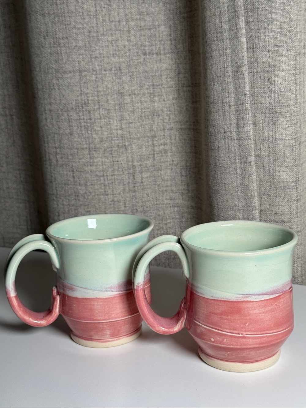 Studio Pottery Mugs Mint Green Pink Dip Glaze Signed Set of 2